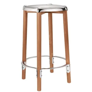 Vitra Sitzgelegenheiten-Alessi Poêle Barhocker, braune Buche - hochglanzpolierter Stahl