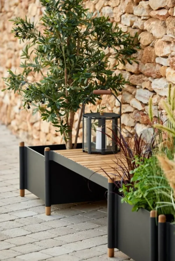 Cane-line Garten^Sticks Bank für zwei Blumentöpfe, Lavagrau - Teakholz
