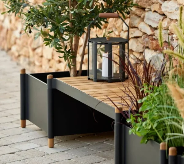Cane-line Garten^Sticks Bank für zwei Blumentöpfe, Lavagrau - Teakholz