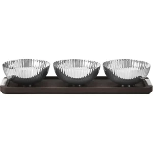 Georg Jensen Geschirr^Bernadotte Schalenset mit Tablett, Stahl – geräucherte Eiche