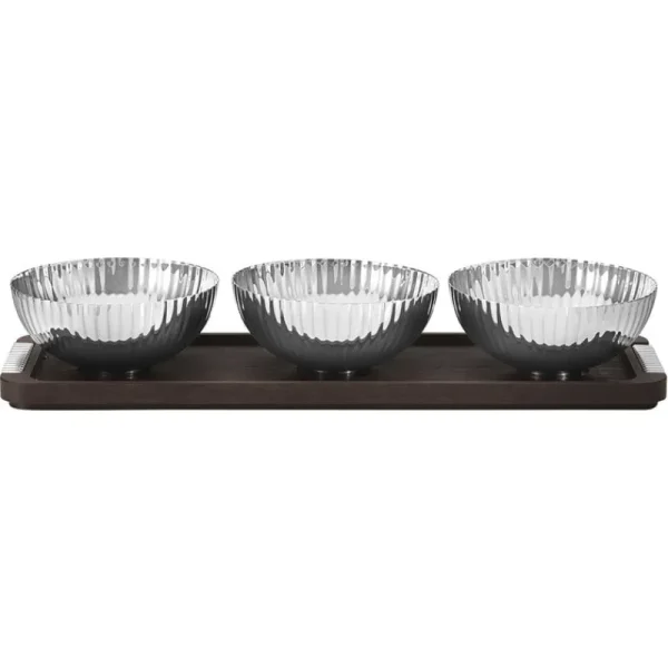 Georg Jensen Geschirr^Bernadotte Schalenset mit Tablett, Stahl – geräucherte Eiche