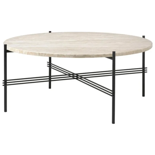 GUBI Terrassenmöbel | Tische^TS Outdoor Couchtisch, 80 cm, schwarz – weißer Travertin