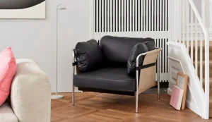 HAY Sitzgelegenheiten-Can Loungesessel, cognacfarbenes Leder - schwarzer Stramin - Ges