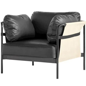 HAY Sitzgelegenheiten-Can Loungesessel, schwarzes Leder - naturbelassener Stramin - Ge