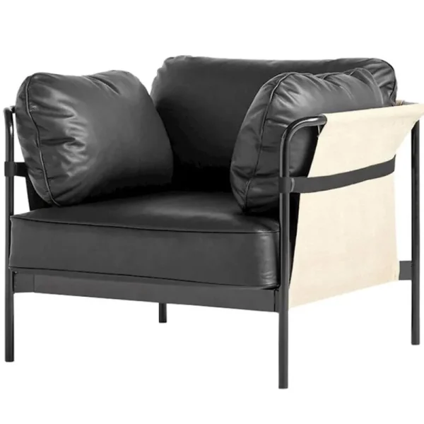 HAY Sitzgelegenheiten-Can Loungesessel, schwarzes Leder - naturbelassener Stramin - Ge