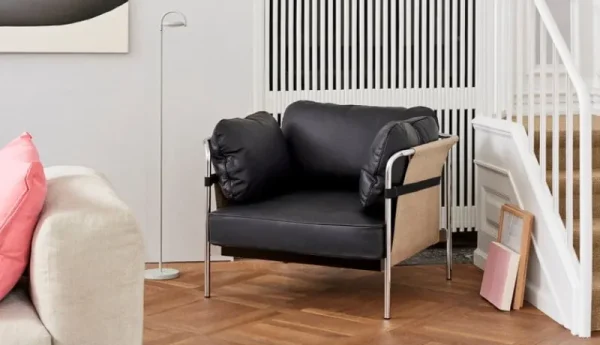 HAY Sitzgelegenheiten-Can Loungesessel, schwarzes Leder - naturbelassener Stramin - Ge