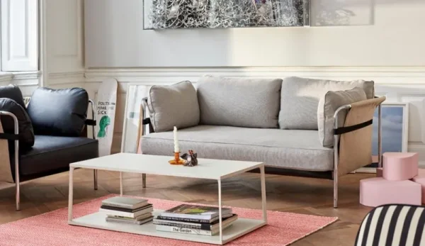 HAY Sitzgelegenheiten-Can Loungesessel, schwarzes Leder - naturbelassener Stramin - Ge