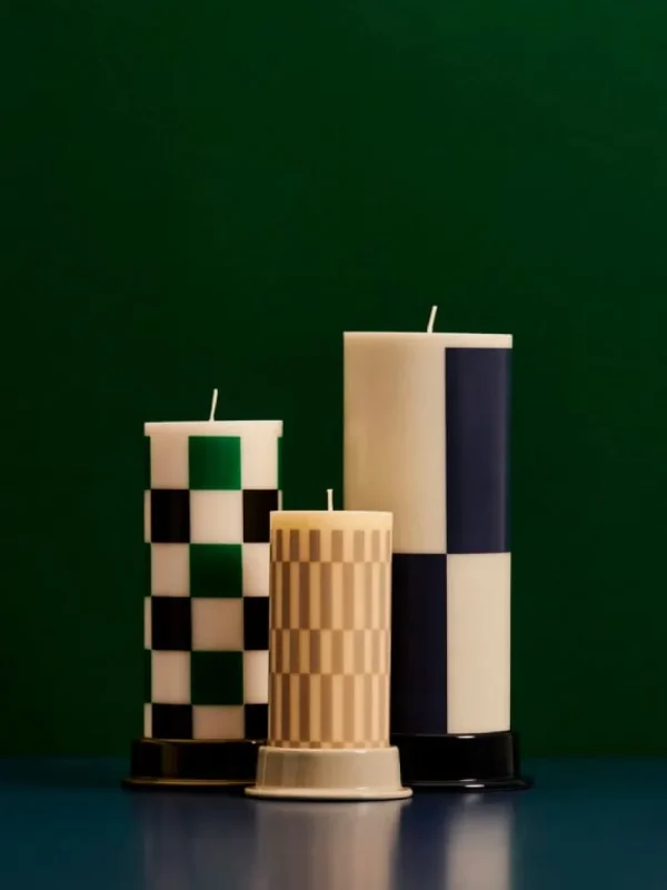 Frama Kerzen Und Kerzenhalter-HAY Column Kerze, M, naturweiß - grün - schwarz kariert