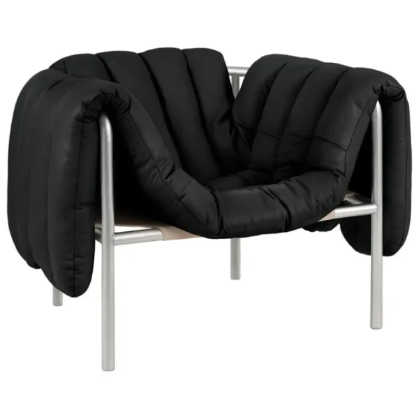 Hem Sitzgelegenheiten-Puffy Loungesessel, schwarzes Leder – Edelstahl