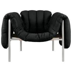 Hem Sitzgelegenheiten-Puffy Loungesessel, schwarzes Leder – Edelstahl