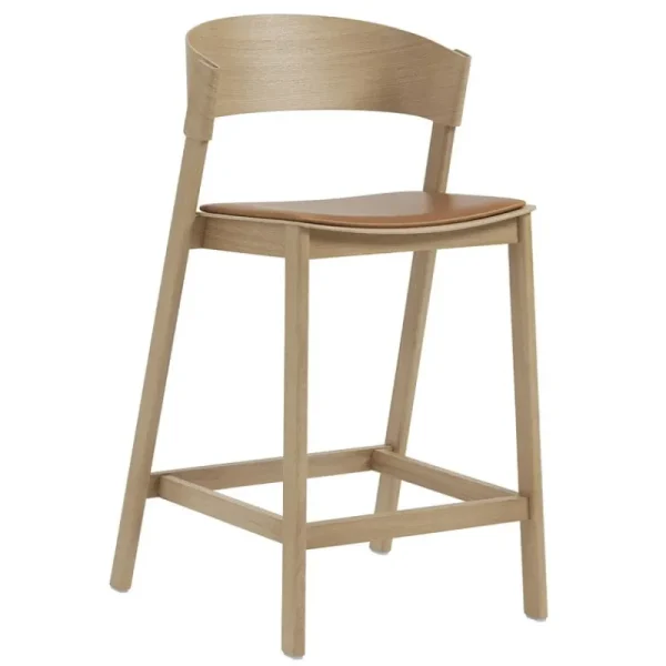 FDB Mu00f8bler Sitzgelegenheiten-Muuto Cover Thekenhocker, 65 cm, Eiche - cognacbraunes Leder