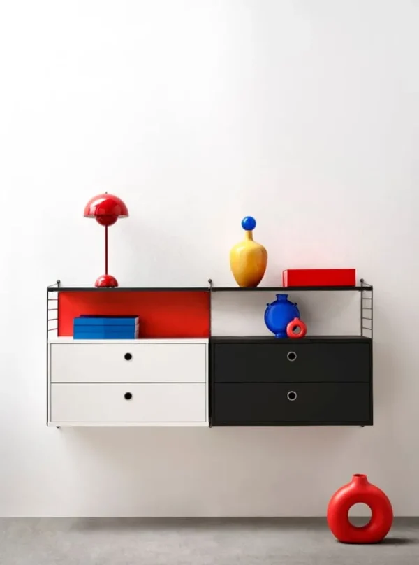 String Furniture Regale-String Kommode mit 2 Schubladen, 78 x 30 cm, schwarz gebeizte Es