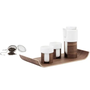 Tonfisk Design Geschirr^Warm Teeservice, Weiß - Nussbaum, Keramikdeckel