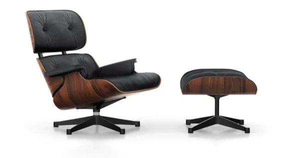 Mattiazzi Sitzgelegenheiten-Vitra Eames Lounge Ottomane, Palisander – schwarzes Leder